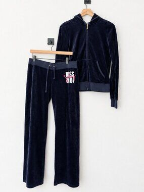 Juicy Couture Kiss Moi Navy Pink Velour Tracksuit 2-Piece Set Size L Y2K